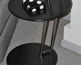 Contemporary Painted Black Table with Stainless Base and Handle, 23"H x 16" Diameter.  Shown with a Vintage Fitz & Floyd Covered Card Box
