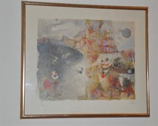 Vintage Framed Hector Poleo, Venezuela (1918-1989) Signed and Numbered   99/120 "Dreams"  Surreal Lithograph, 24" x 21".  Water Staining at Bottom Border