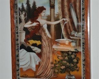 Vintage Framed French Reverse Glass Advertising Painting, Eau de Lubin, La Reine des Eau de Toilette (The Queen of Cologne) 17.5" x 23"