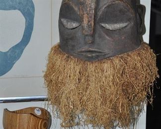 Suku Helmut Initiation Mask, Wood, Raffia and Pigment from Zaire, 13"W x 26"H x 13"D