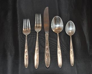 Sterling Silver Flatware by Toole "Rose Solitaire," Service for 12, Five Piece Setting plus Four Serving Pieces and 9 Extra Teaspoon