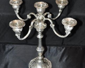 One of the Two Sterling Silver Gorham Sterling Silver Chantily #750, weighted, 5 Light Candelabras