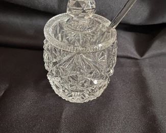 Cut glass condiment jar with glass spoon