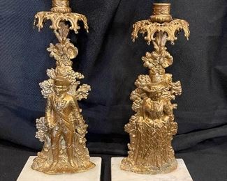 Antique Pair of brass and marble candlesticks with crystal prisms (not shown)