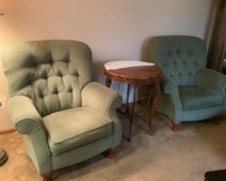 Pair of vintage green chairs.  $100 each or Pr for $175.  Measure 39” w x 40” h x 29” d 