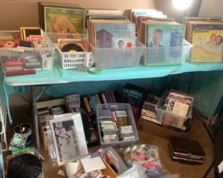 Record albums, 45’s , sets of 33’s, eight tracks, CD’s, VHS