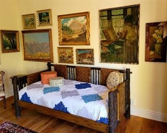 Vintage original art and a fine Old Hickory Day Bed.