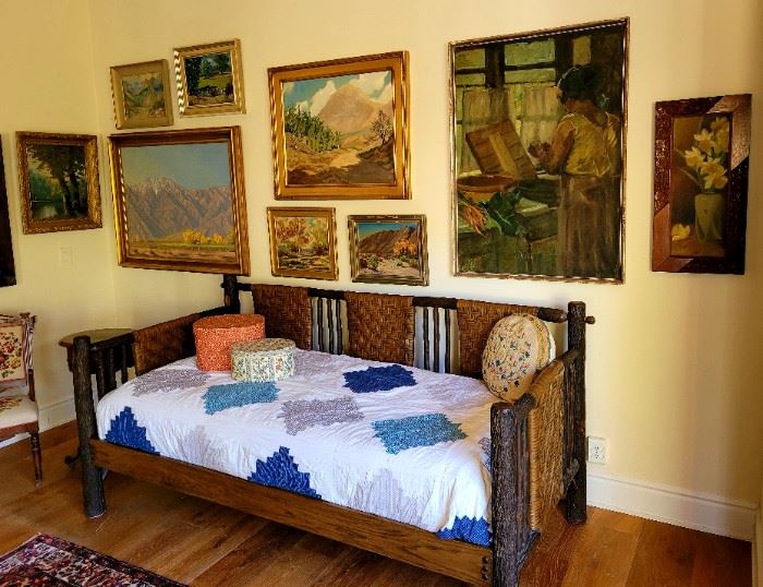 Vintage original art and a fine Old Hickory Day Bed.