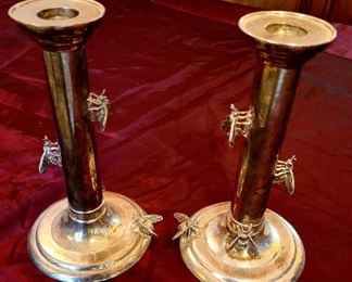 Pair of Thistle and Bee candlesticks 