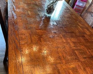 6’ 1” French Oak Table with Parquet Top with 2 - 21” hidden extensions 