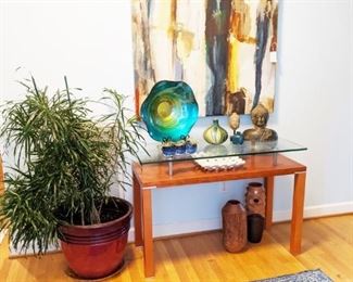 Large contemporary artwork, sofa/entryway table glass and rosewood, Large plant and decor