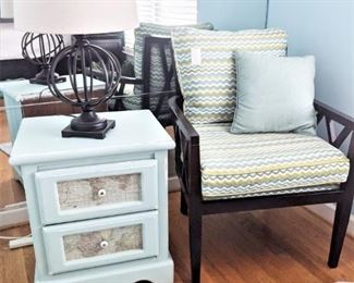 Contemporary dark wood chair with cushsions, lamp and 2 drawer end table