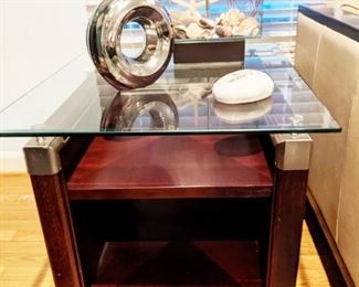 Glass and Rosewood contemporary end tables - one of a pair