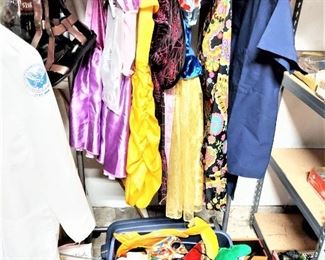 Children's cute costumes - Princess dresses with tiarras, dressy dresses with gloves etc.  60's Mini Dress right out of Laugh-In,  Scrubs, Dr. Lab coat,  Stethoscope, Cleopatra with wig, and all accessories, Men's Gladiator costume including laceup sandals.  Wigs, and Masks for adults