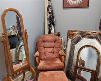 Glider rocker with footstool, cheval dressing mirror, and a great selection of wall mirrors