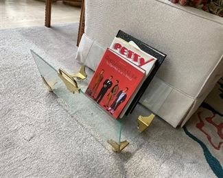 Post Modern signed brass and glass magazine rack