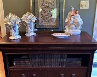 Cabinet; lovely Victorian vases; framed Asian silk; Bavarian statue