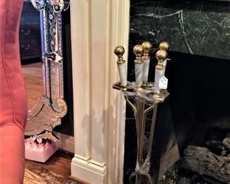 Brass and marble fireplace tools