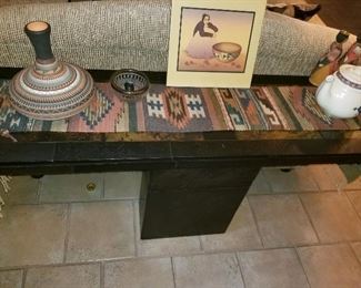 Inlaid table and Native American weaving