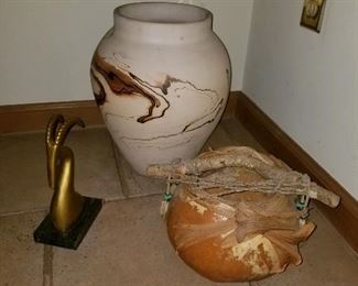 Southwest pottery, gourd basket, brass figurine