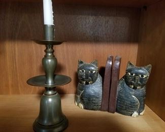 Pewter candlestick, cat bookends