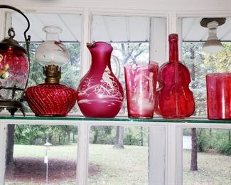 Vintage glass, red glass, painted glass, Mary Gregory 