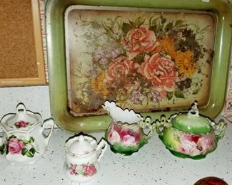 Vintage, painted tray, cream & sugars 