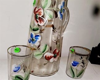 Painted pitcher, matching glasses