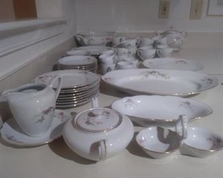 China dish set which includes platters, teapot and tea cup set.