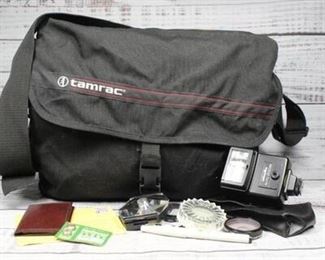 Retro Tamrac Camera Bag with Miscellaneous Lenses Glass, Flash Attachment, More