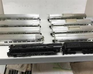 S scale American Flyer passenger consist. 484 UP steam locomotive and tender plus 8 cars