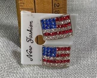 Small Rhinestone American Flag Patriotic Earrings