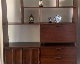 Mid Century free standing wall unit with shelving 60"L x 70"H x 13"D. 