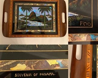 Souvenir of Panama Reversed Painted on Glass Inlaid Tropical Wood Tray - Antique Butterfly Wings Tray