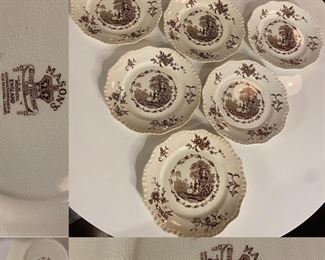 Vintage Mason’s Watteau England Ironstone Set of 6 Salad Plates Brown Transfer Ware 
