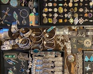 Vintage sterling silver statement jewelry including many modernist pieces from Mexico, all 50% off!