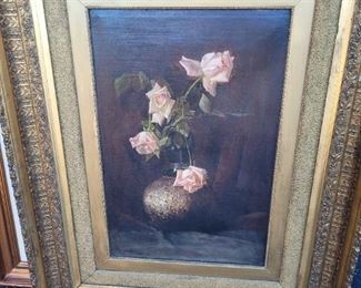Very old painting that has a very ornate frame. Painting is in very good condition, frame shows normal wear