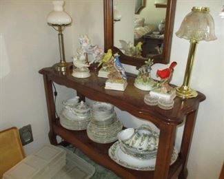 Stand, mirror, china, lamps & china birds