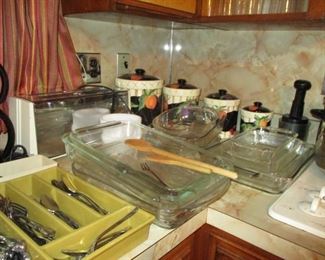 Cannister set & Pyrex baking pans & flatware