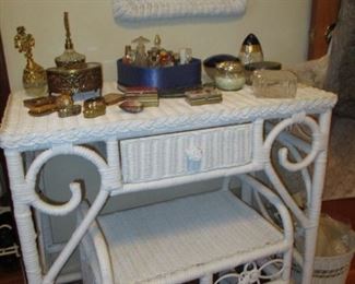 White wicker desk/vanity & stool & Perfumes