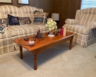 Clayton Marcus sofa and chair, maple coffee table