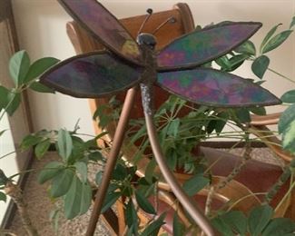 stained glass dragonfly / copper plant stick