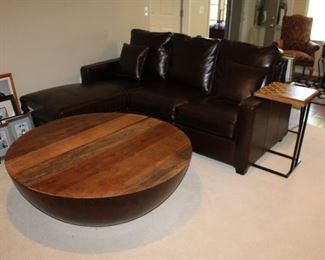 LEATHER SOFA W/CHAISE, RECLAIMED WOOD ROUND  COFFEE TABLE
