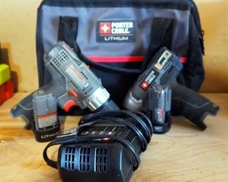 Porter Cable 12 Volt Cordless Impact Drill And Hand Drill With Batteries, Charger, And Carrying Case