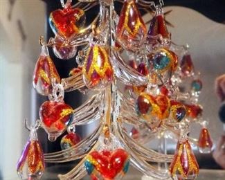 Art Glass 13" Holiday Tree, With Individual Hand Blown Glass Ornaments, Qty 16