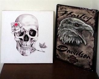 Framed Under glass Salt Flats Scene, 19' x 25", Skull Print On Canvas, 15" x 15" And Harley Davidson Tin Sign, 17" x 12.5"
