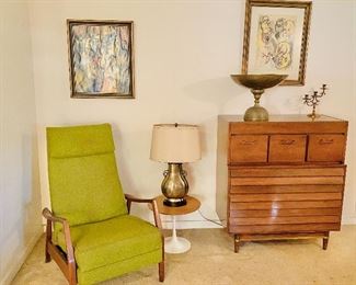 American of New Martinsville by Merton Gershun tall chest, Saarinen tulip table, mid century recliner