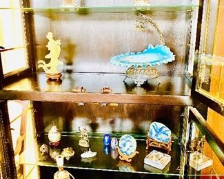 Antique bride’s basket, jade carving, Steuben owl