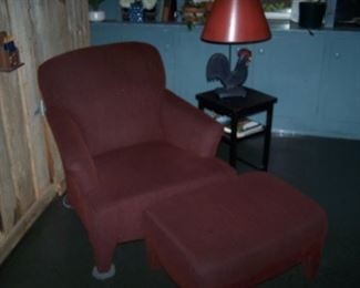 BURGUNDY EASY CHAIR & OTTOMAN, LAMP TABLE & LAMP