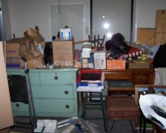 PAINTED CHEST OF DRAWERS, STOOL, STEP STOOL & MISC.